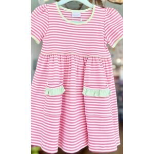 Boutique style pink & white striped girls “Everly” dress w/ flutter short sleeve